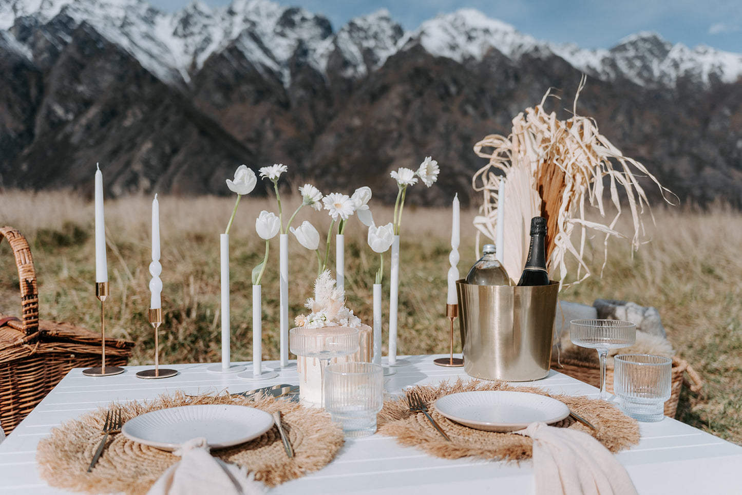 Luxury picnic set up in a front of The Remarkables, Queenstown