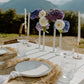 Elegant outdoor dining setup with flowers, plates, and glasses against a mountainous background.