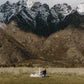 Man on one knee proposing to a woman in front of a romantic picnic in a field with mountains in the background