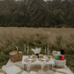 Luxurious picnic setup with table, chairs, and decorations in a field with mountains in the background